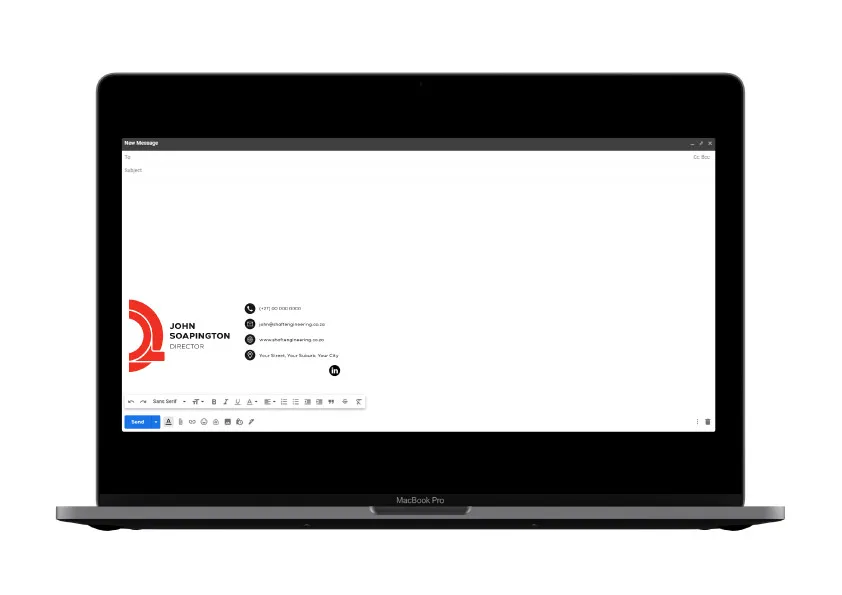 A mockup of the custom email signature for Shaft Engineering