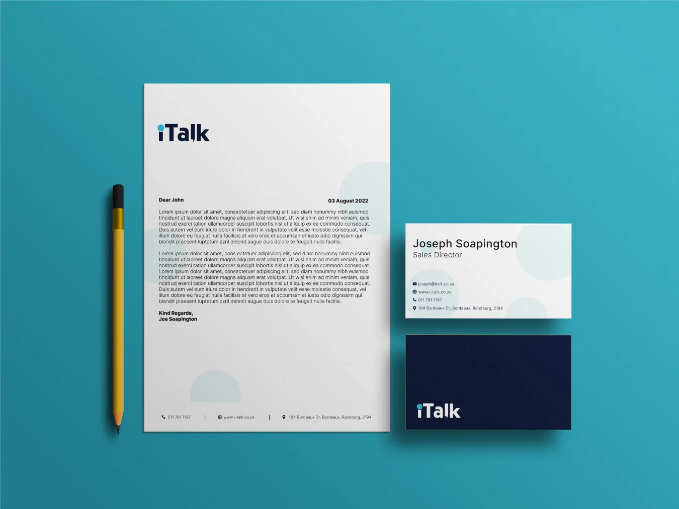 Movk up of custom designed letterhead and business card for iTalk Global Communications.