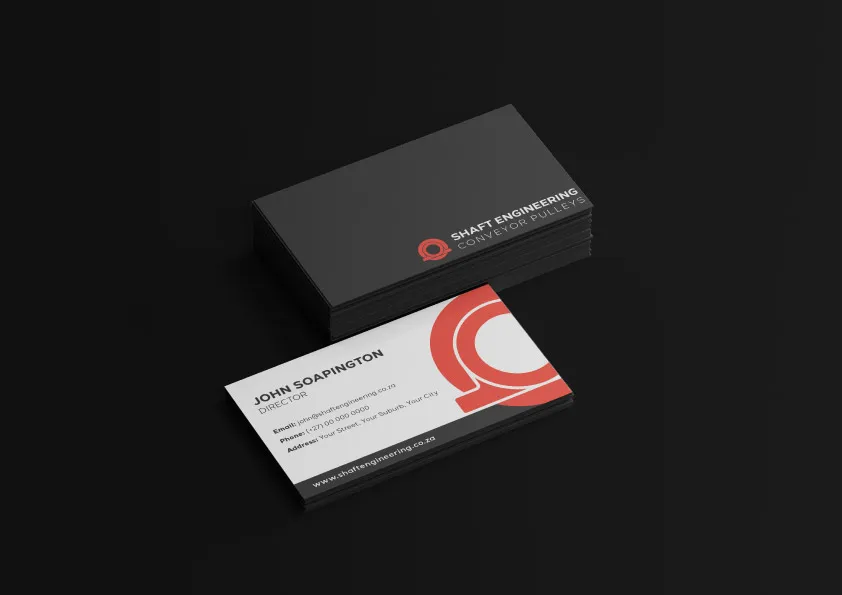 Mokcup of custom designed business cards for Shaft Engineering. 