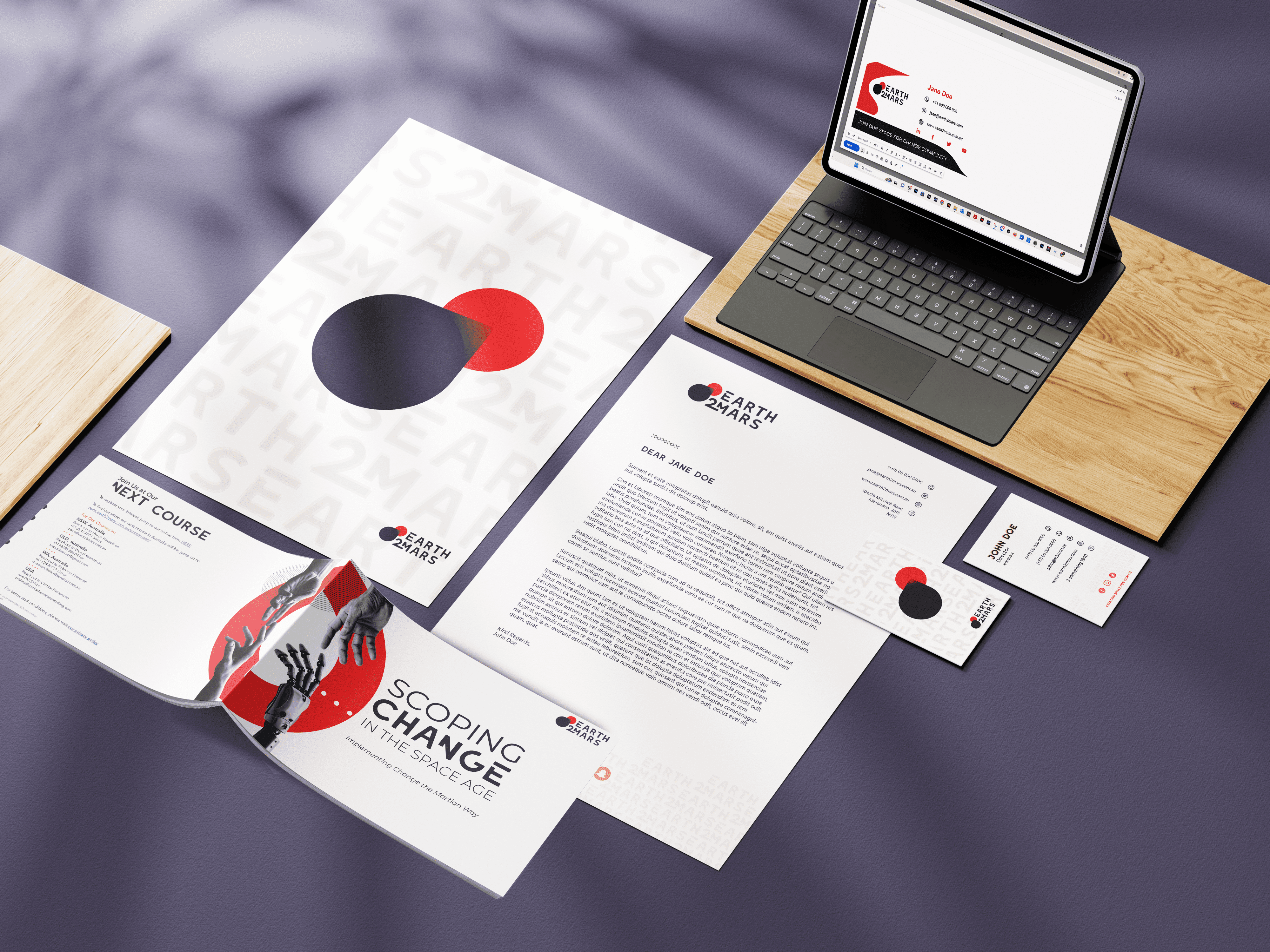 Mock up of business folder, letterhead, business card, booklet and email signature for Earth2Mars.