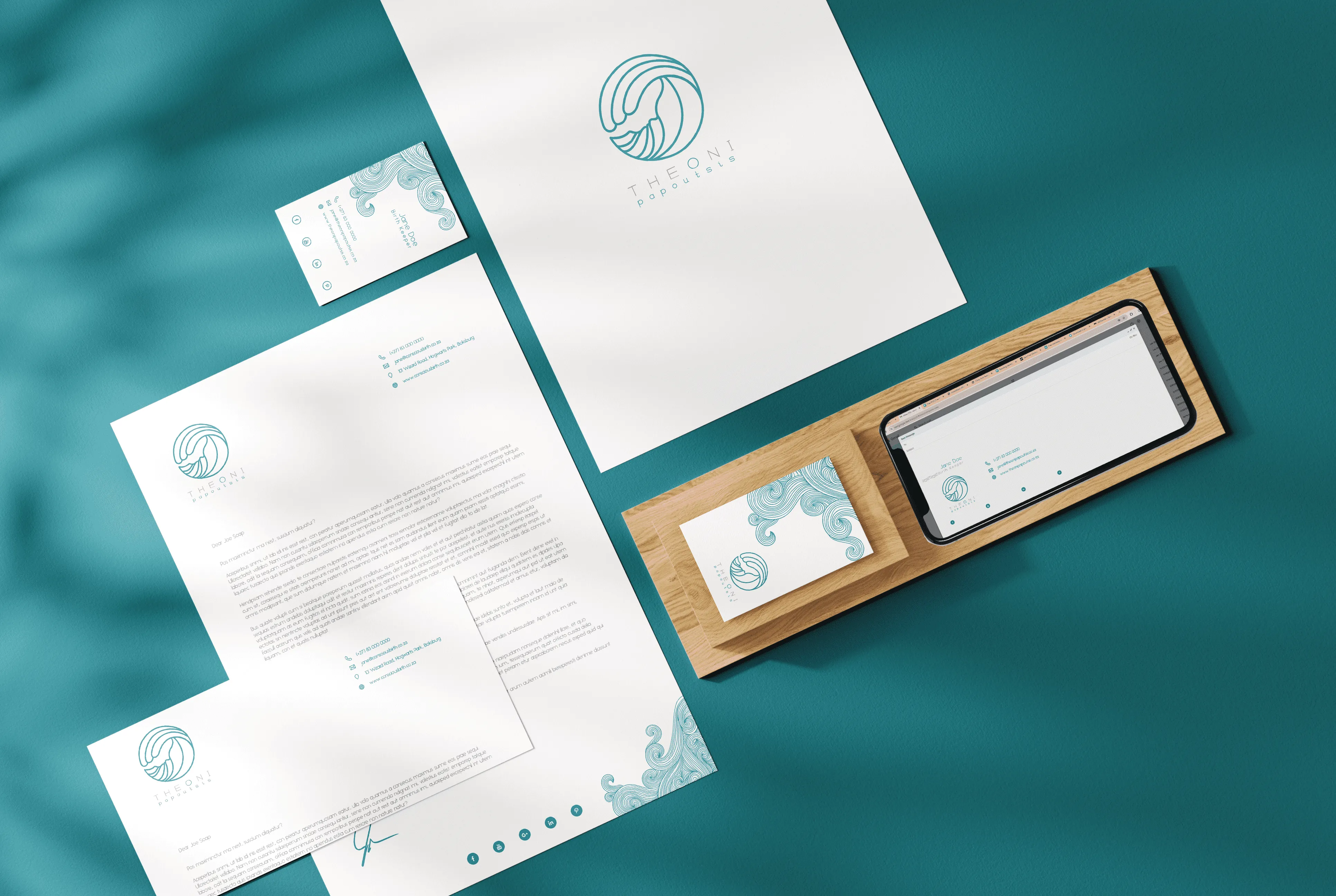 Mock up of business folder, letterhead, business card and email signature for Theoni Papoutsis.