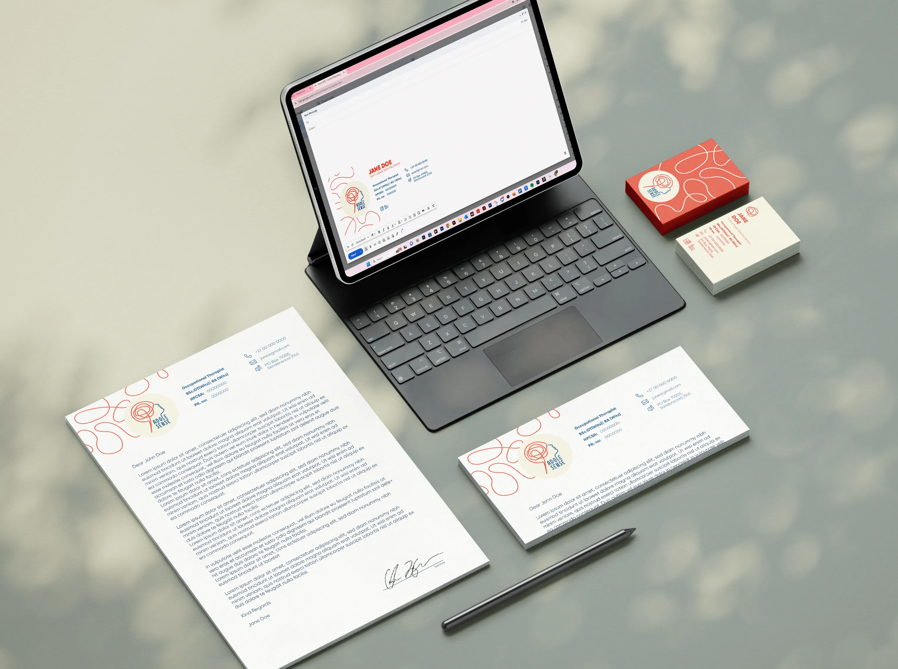 Mock up of business folder, letterhead, business card and email signature for Adolesense.