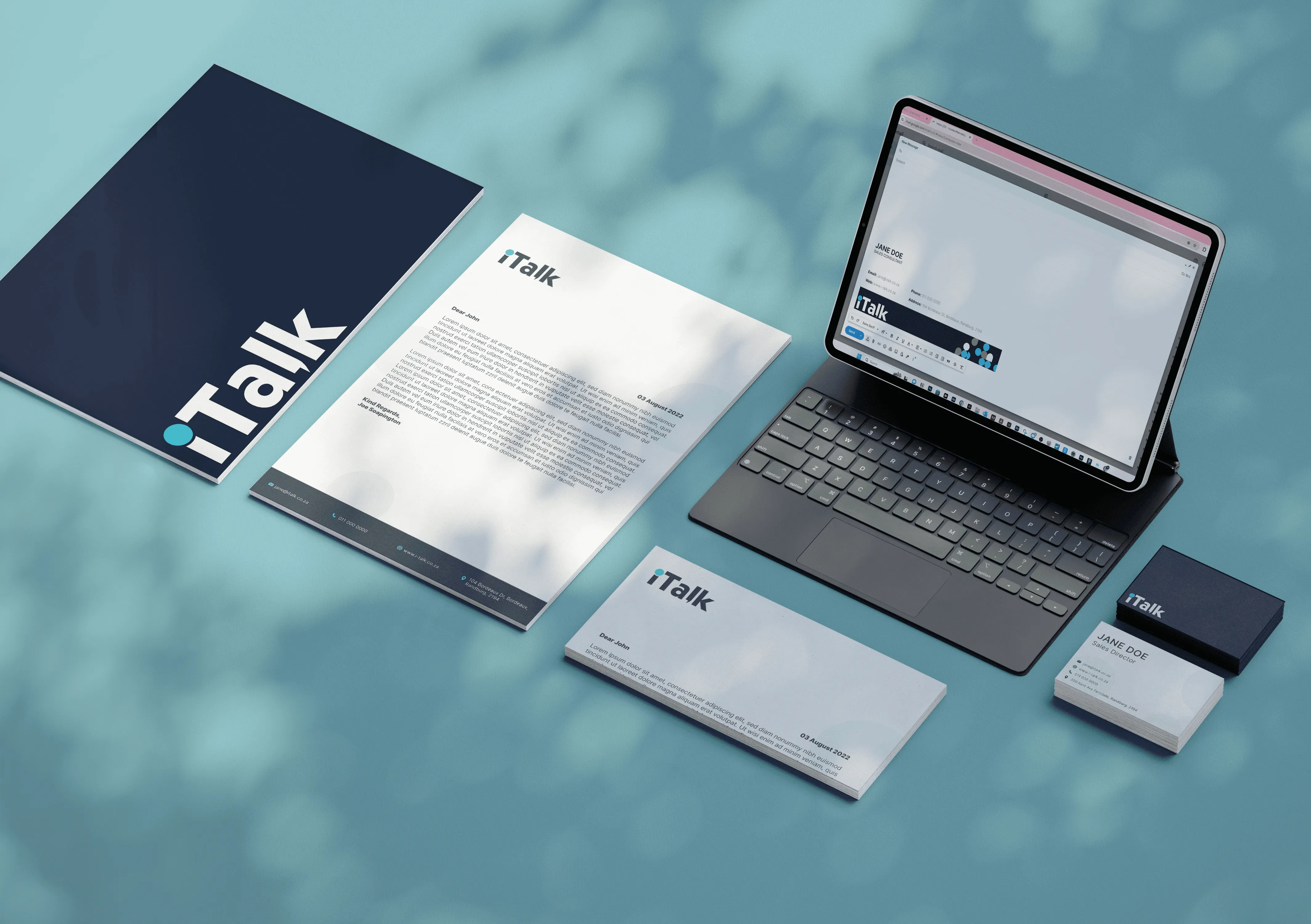 Mock up of business folder, letterhead, business card and email signature for iTalk.